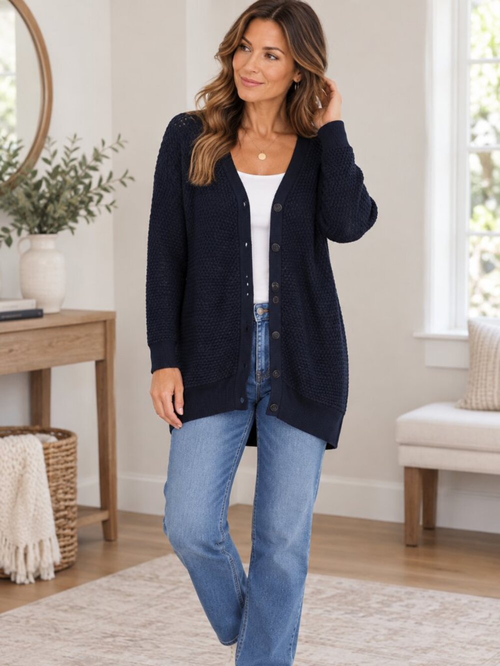 The Limited Navy Textured Button-Front Open Knit Cardigan Career Office - Small
